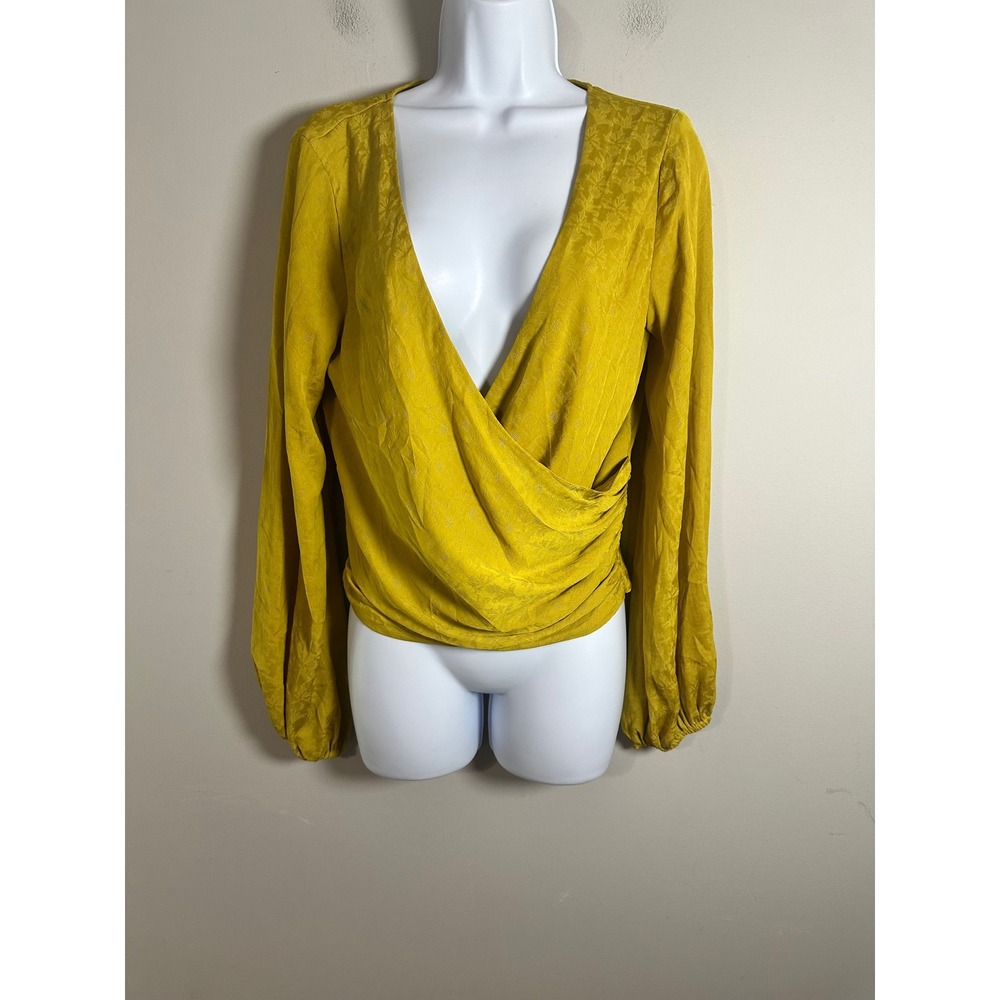Anthropologie Mustard Floral Jacquard Surplice Balloon Sleeve Wrap Blouse Size S